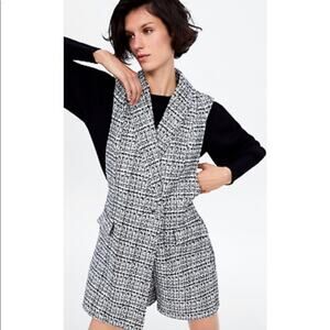 ZARA WOMAN TWEED BLACK WHITE ROMPER MINI VEST SUIT DRESS XS NWT
